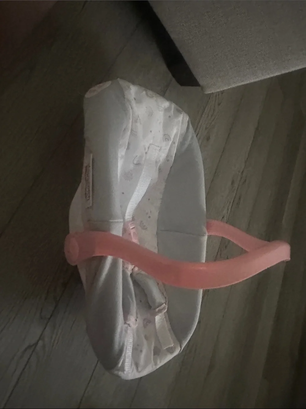 Toy Infant Car Seat Carrier - Pale Pink Handle with Light Gray/White Seat